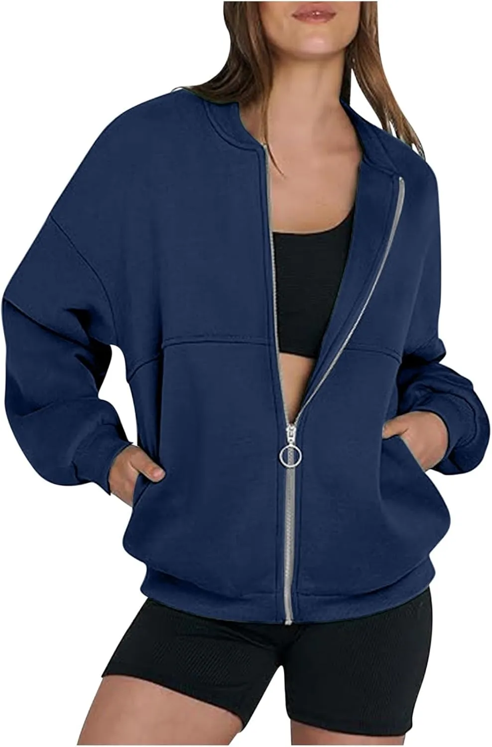 Women's Long Sleeve Full Zipper Sweatshirt Casual Pullover Tops Loose Fashion Casual Jackets with Pocket