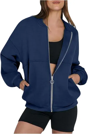Women's Long Sleeve Full Zipper Sweatshirt Casual Pullover Tops Loose Fashion Casual Jackets with Pocket