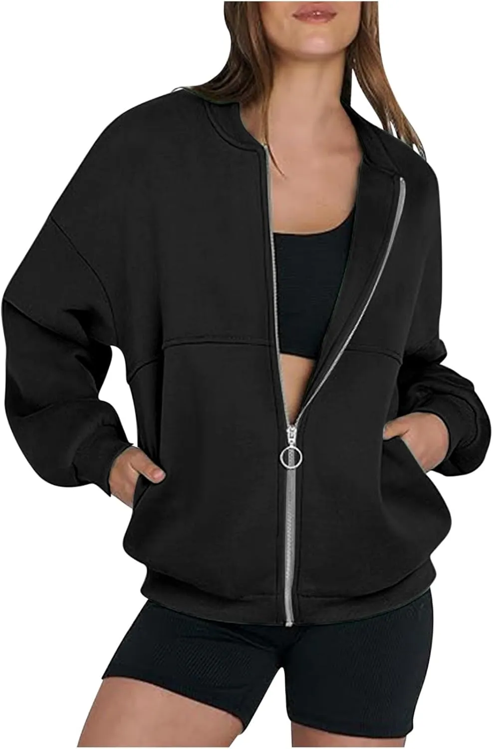 Women's Long Sleeve Full Zipper Sweatshirt Casual Pullover Tops Loose Fashion Casual Jackets with Pocket