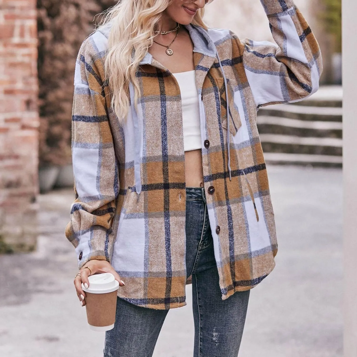 Women's Long Sleeve Plaid Hoodie Jacket Button Down Blouse Tops Drawstring Casual Fall Boyfriend Shirts with Pocket