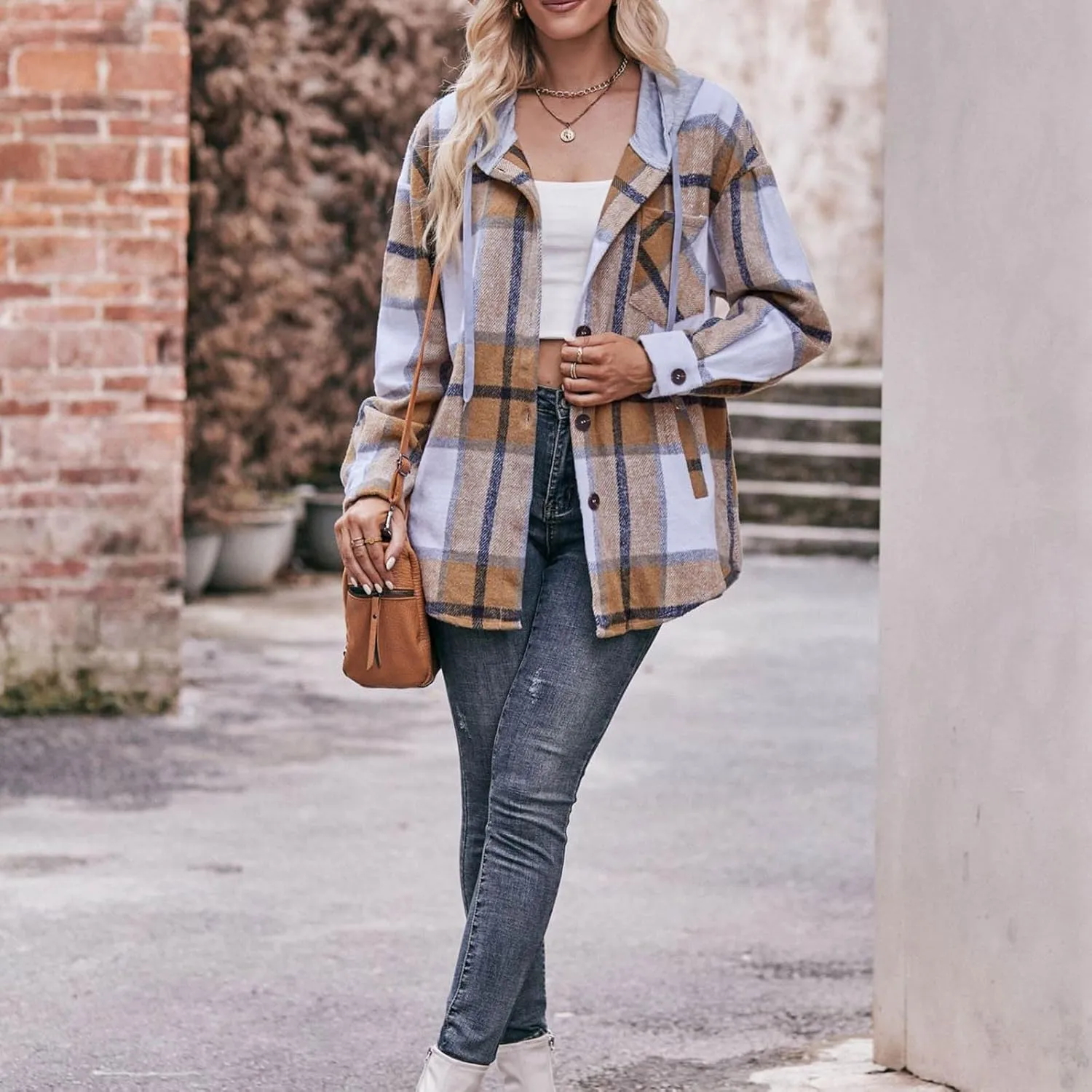 Women's Long Sleeve Plaid Hoodie Jacket Button Down Blouse Tops Drawstring Casual Fall Boyfriend Shirts with Pocket