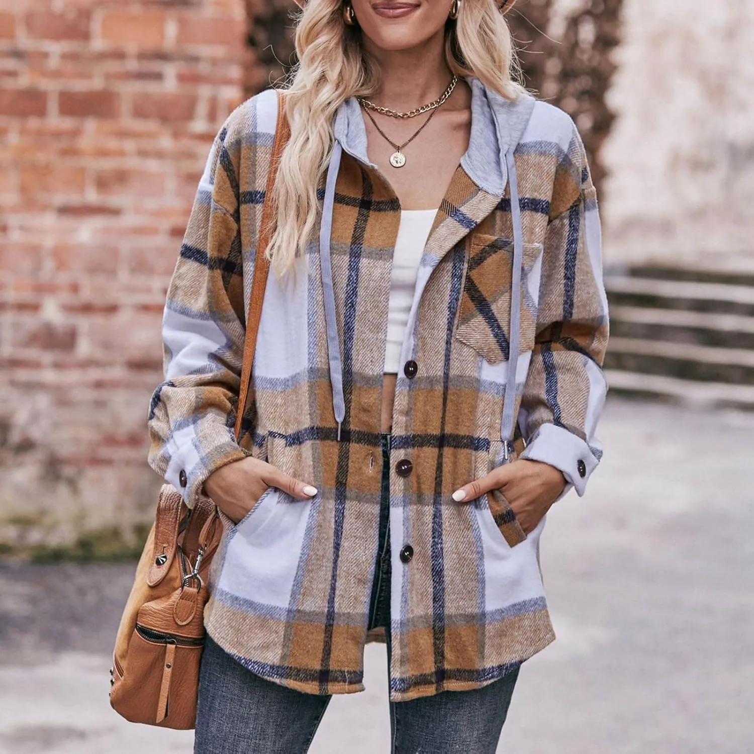 Women's Long Sleeve Plaid Hoodie Jacket Button Down Blouse Tops Drawstring Casual Fall Boyfriend Shirts with Pocket