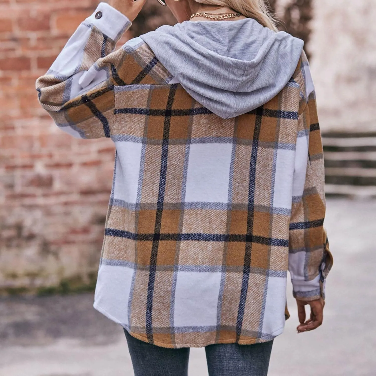 Women's Long Sleeve Plaid Hoodie Jacket Button Down Blouse Tops Drawstring Casual Fall Boyfriend Shirts with Pocket