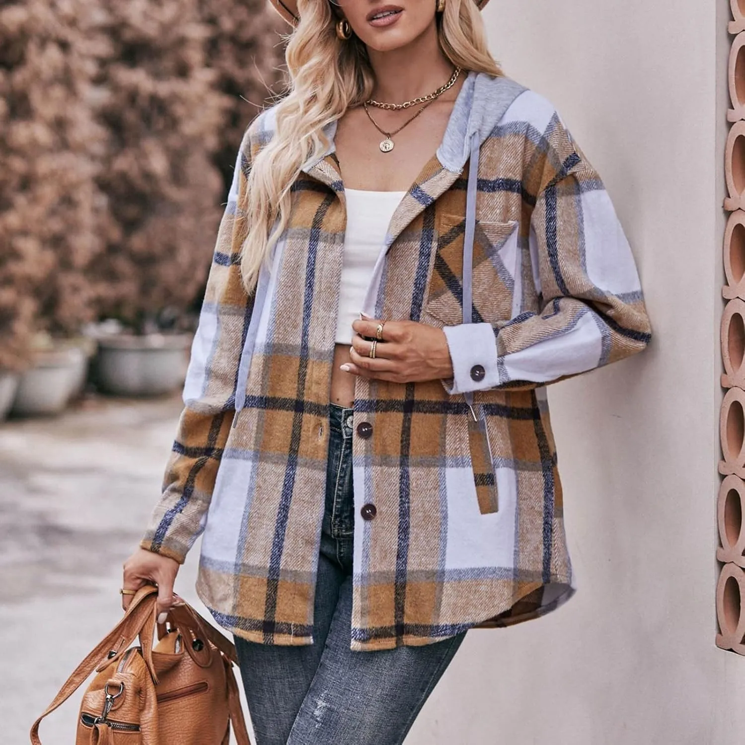 Women's Long Sleeve Plaid Hoodie Jacket Button Down Blouse Tops Drawstring Casual Fall Boyfriend Shirts with Pocket
