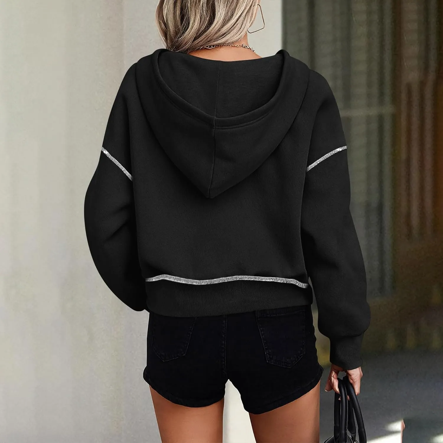 Womens Long Sleeve Trendy Hooded Sweatshirts Drop Shoulder Full Zipper Pullover Loose Casual Fleece Sweatshirts