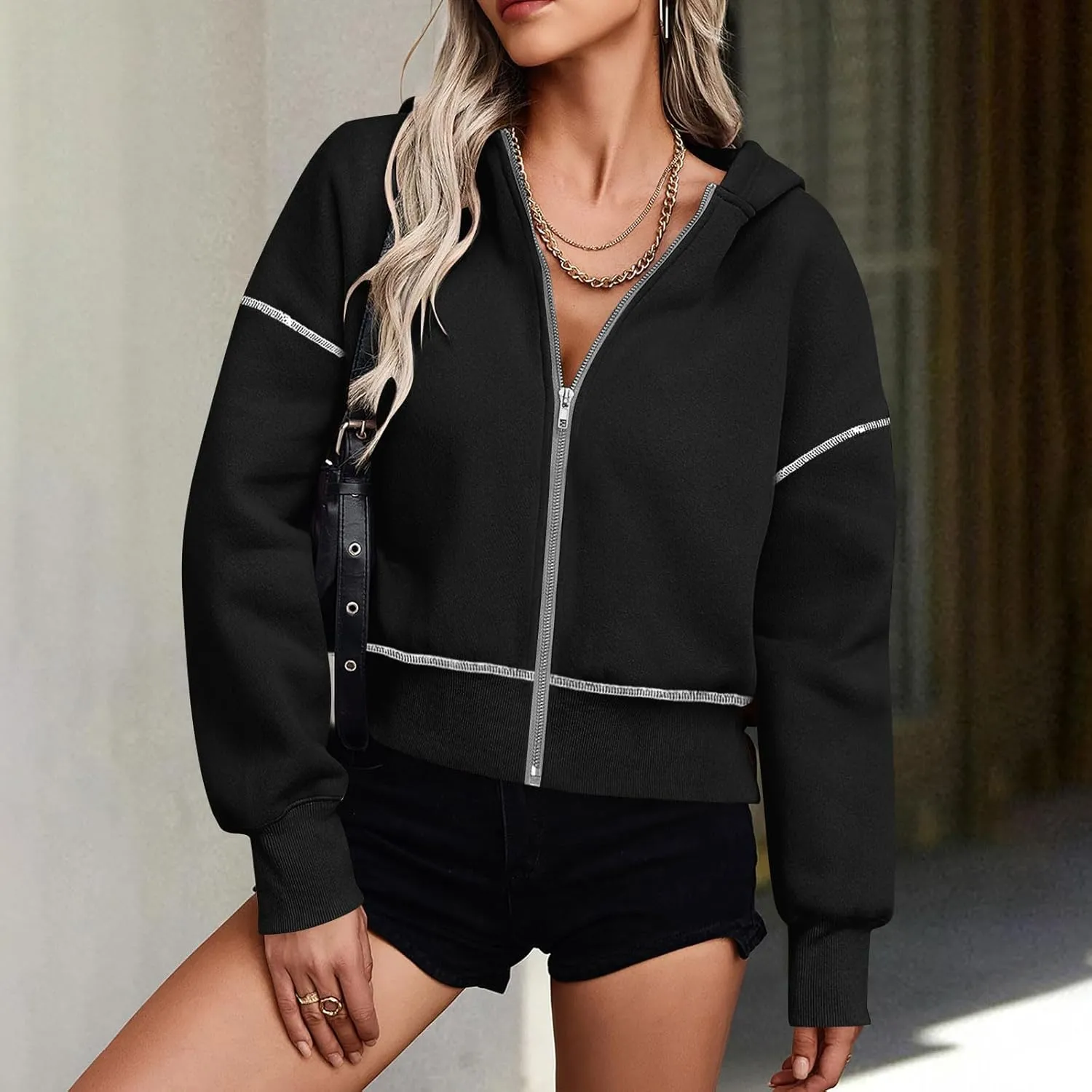 Womens Long Sleeve Trendy Hooded Sweatshirts Drop Shoulder Full Zipper Pullover Loose Casual Fleece Sweatshirts