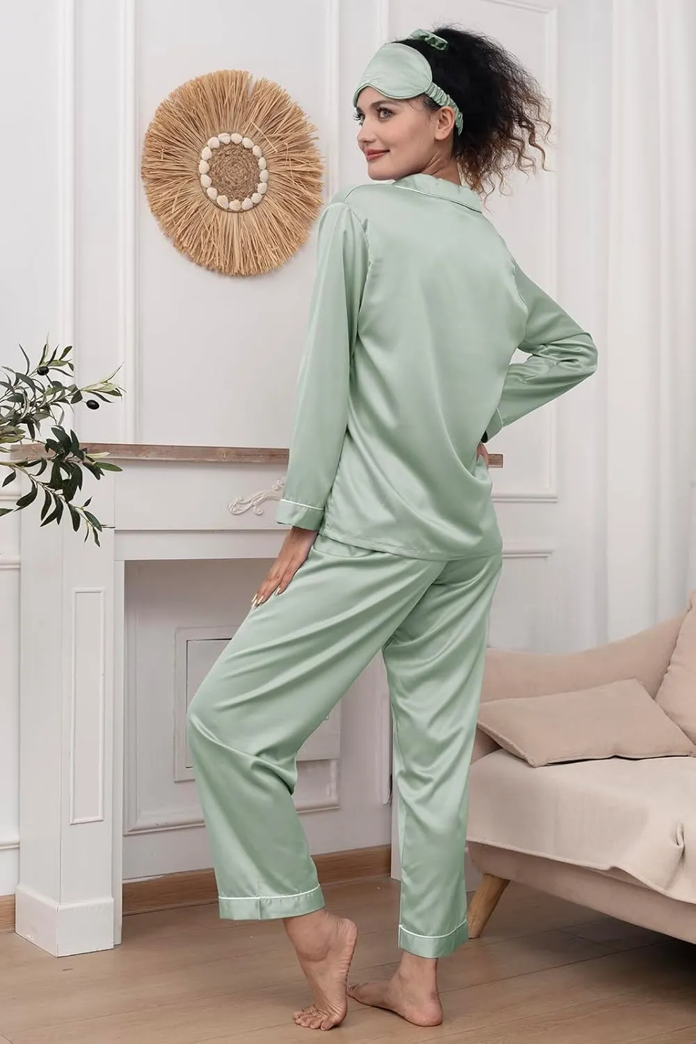 Womens Pajama Set Silk Satin Pajamas Long 2pc Pjs Button Down Sleepwear Pj Set Loungewear