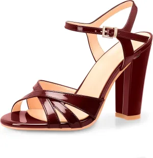 Women's Patent Leather Heeled Sandals - Chunky High Heel Open Toe with Adjustable Buckle Strap | Comfort Dress Shoes for Weddings/Parties