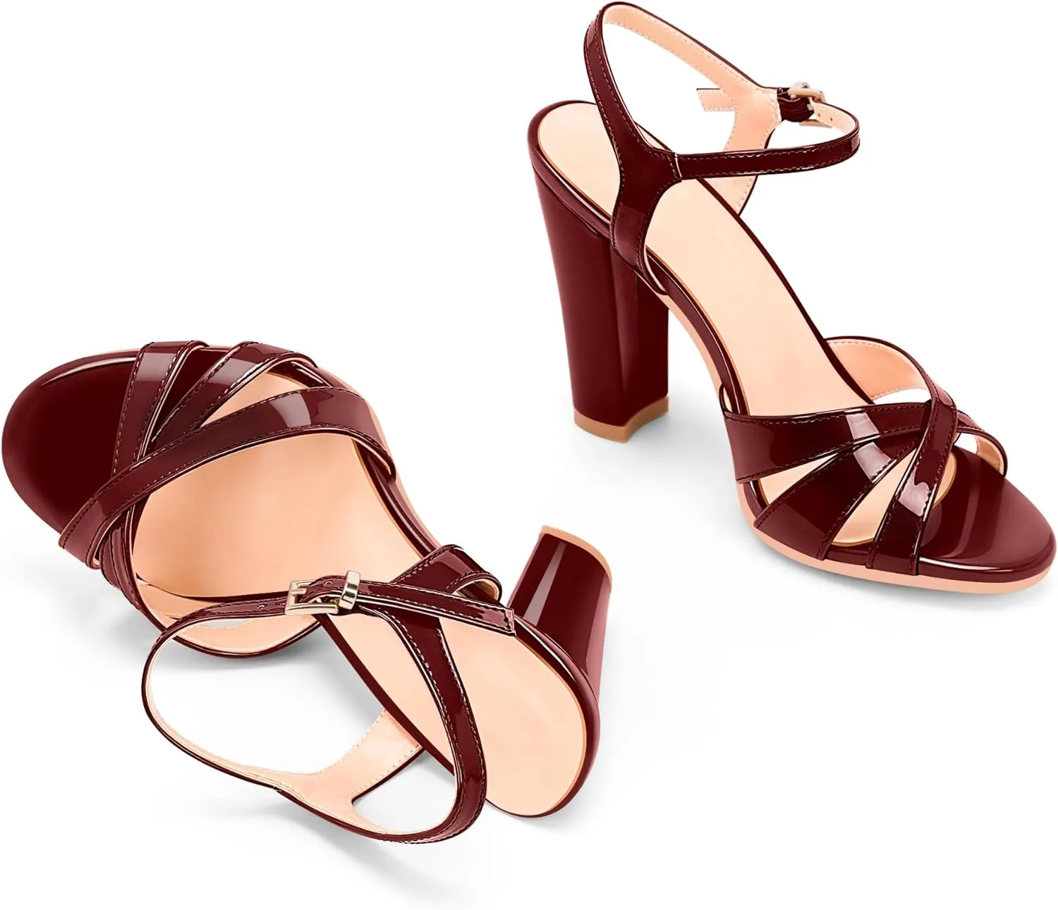 Women's Patent Leather Heeled Sandals - Chunky High Heel Open Toe with Adjustable Buckle Strap | Comfort Dress Shoes for Weddings/Parties