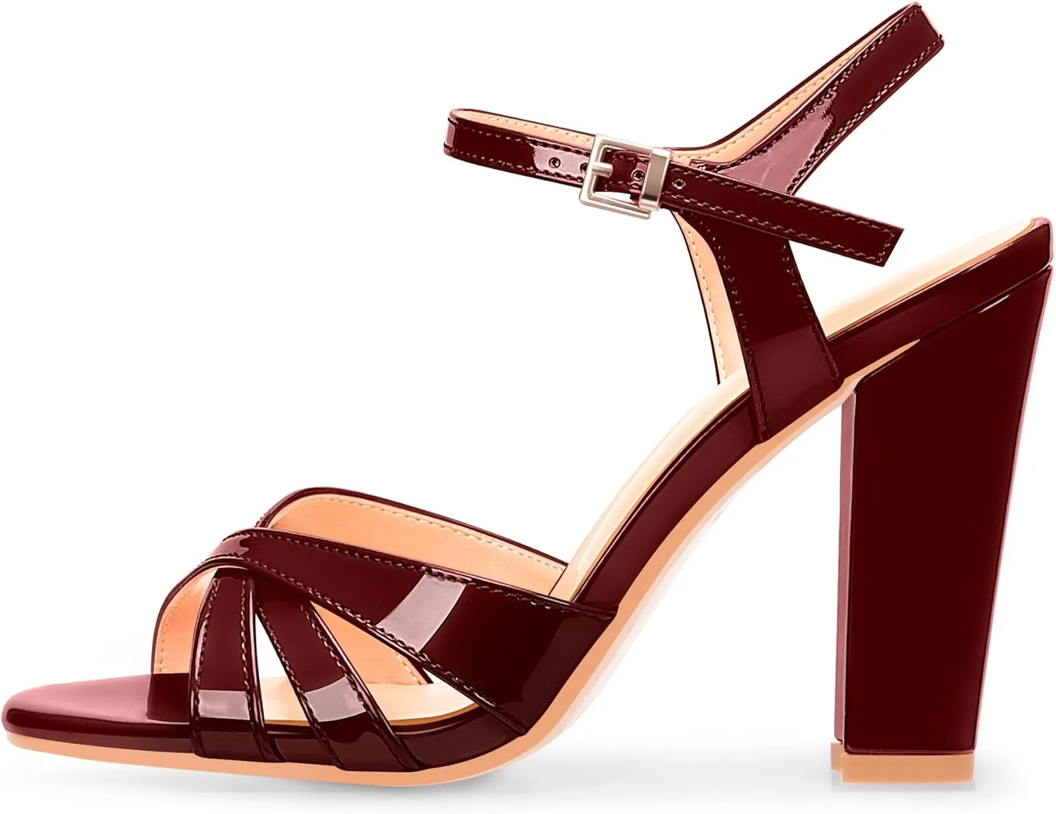 Women's Patent Leather Heeled Sandals - Chunky High Heel Open Toe with Adjustable Buckle Strap | Comfort Dress Shoes for Weddings/Parties