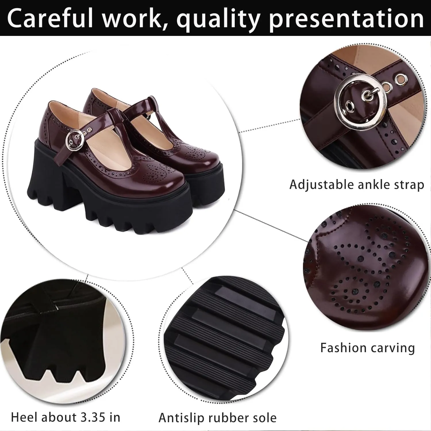 Women's Patent Leather Mary Jane Pumps - Chunky Heel Platform Shoes with T-Strap Non-Slip Lug Sole & Adjustable Hook Loop Dressy Heels for Work or Parties
