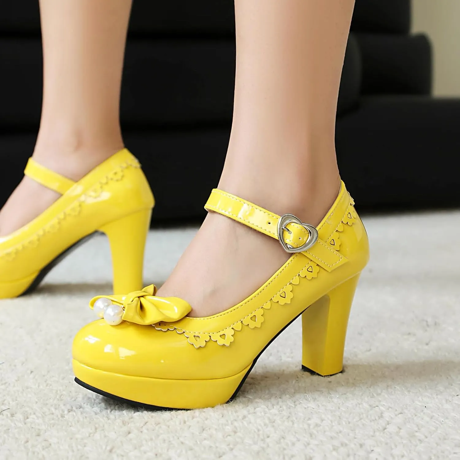Women's Patent Leather Platform Chunky Heel Mary Jane Heels Comfort Closed Toe Elegant Pearl Bow Ankle Strap Kawaii Dress Pumps