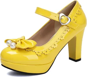 Women's Patent Leather Platform Chunky Heel Mary Jane Heels Comfort Closed Toe Elegant Pearl Bow Ankle Strap Kawaii Dress Pumps