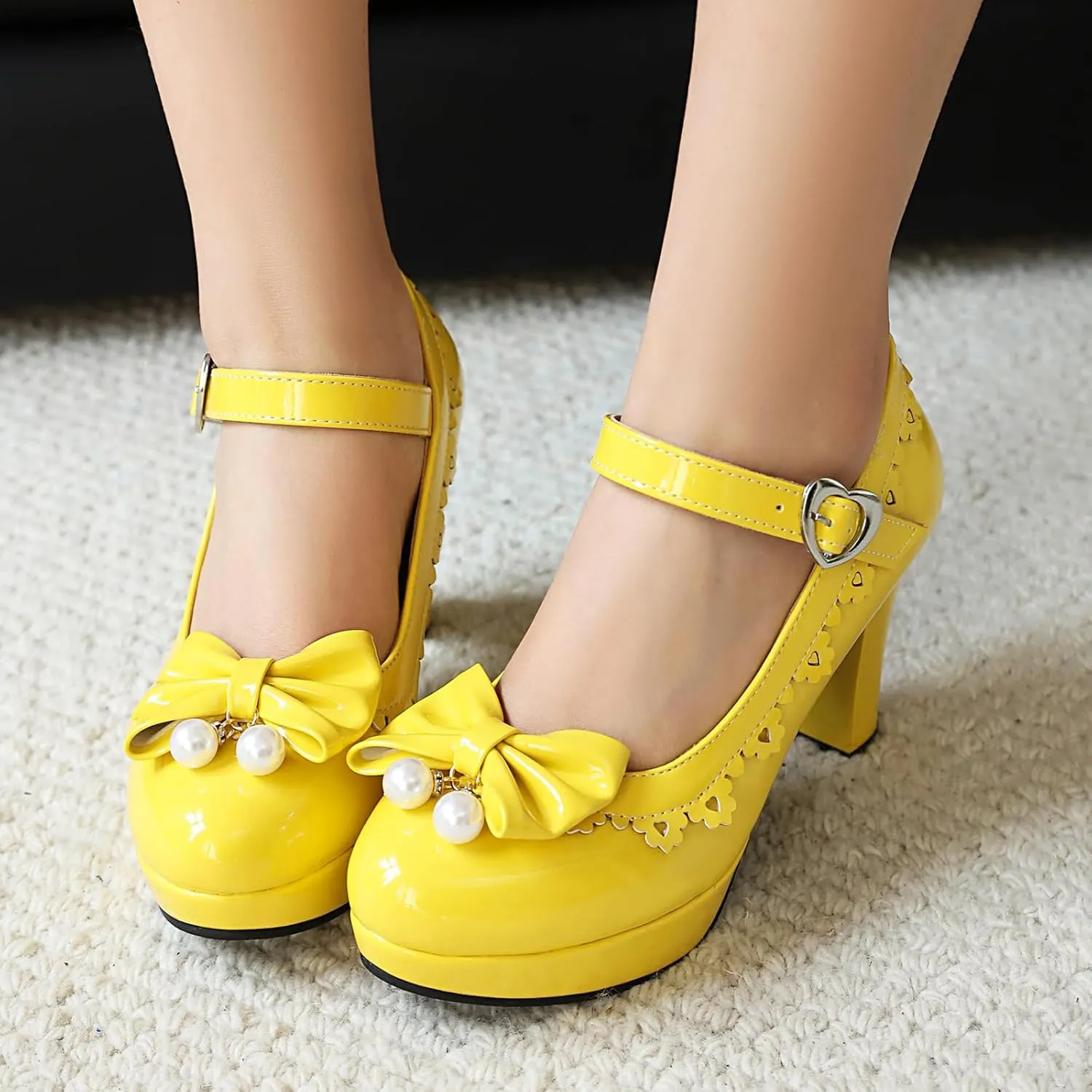 Women's Patent Leather Platform Chunky Heel Mary Jane Heels Comfort Closed Toe Elegant Pearl Bow Ankle Strap Kawaii Dress Pumps
