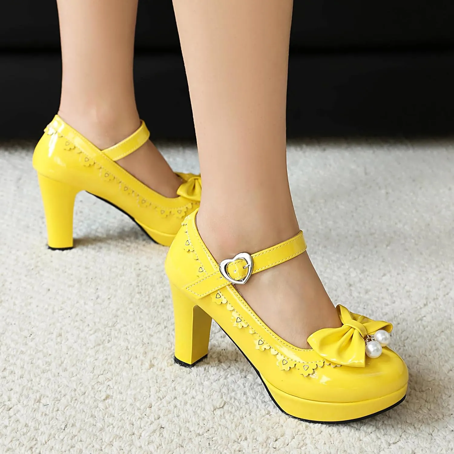 Women's Patent Leather Platform Chunky Heel Mary Jane Heels Comfort Closed Toe Elegant Pearl Bow Ankle Strap Kawaii Dress Pumps
