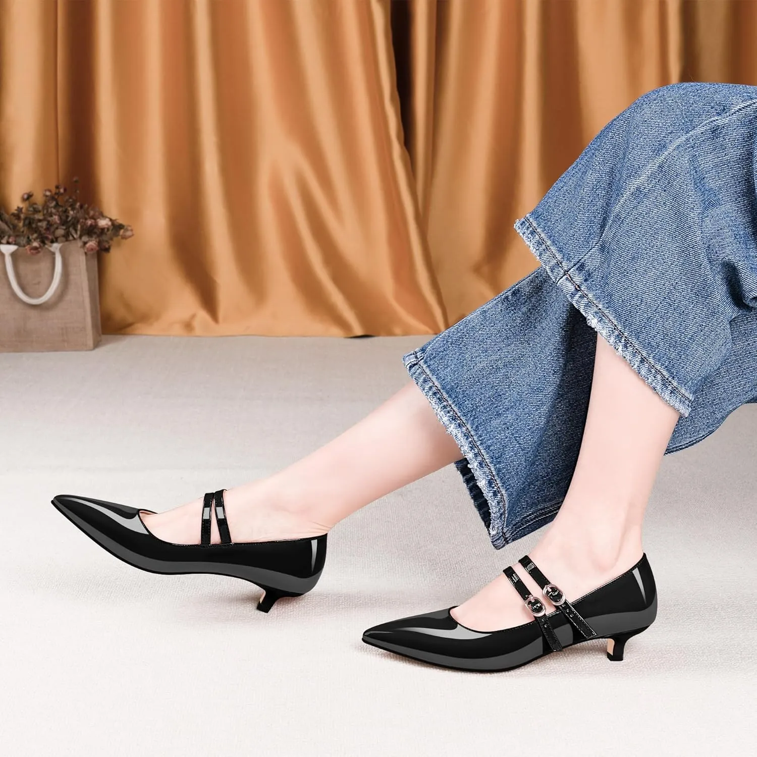 Women's Pointed Toe Kitten Heel Mary Jane Pumps Double Buckle Strap Dress Shoes