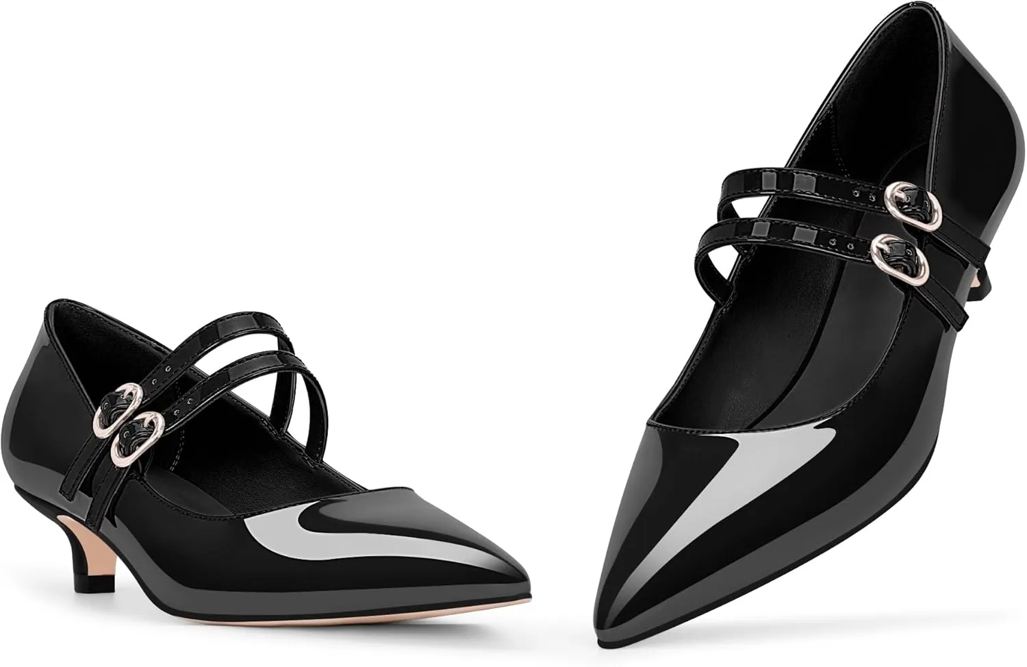 Women's Pointed Toe Kitten Heel Mary Jane Pumps Double Buckle Strap Dress Shoes