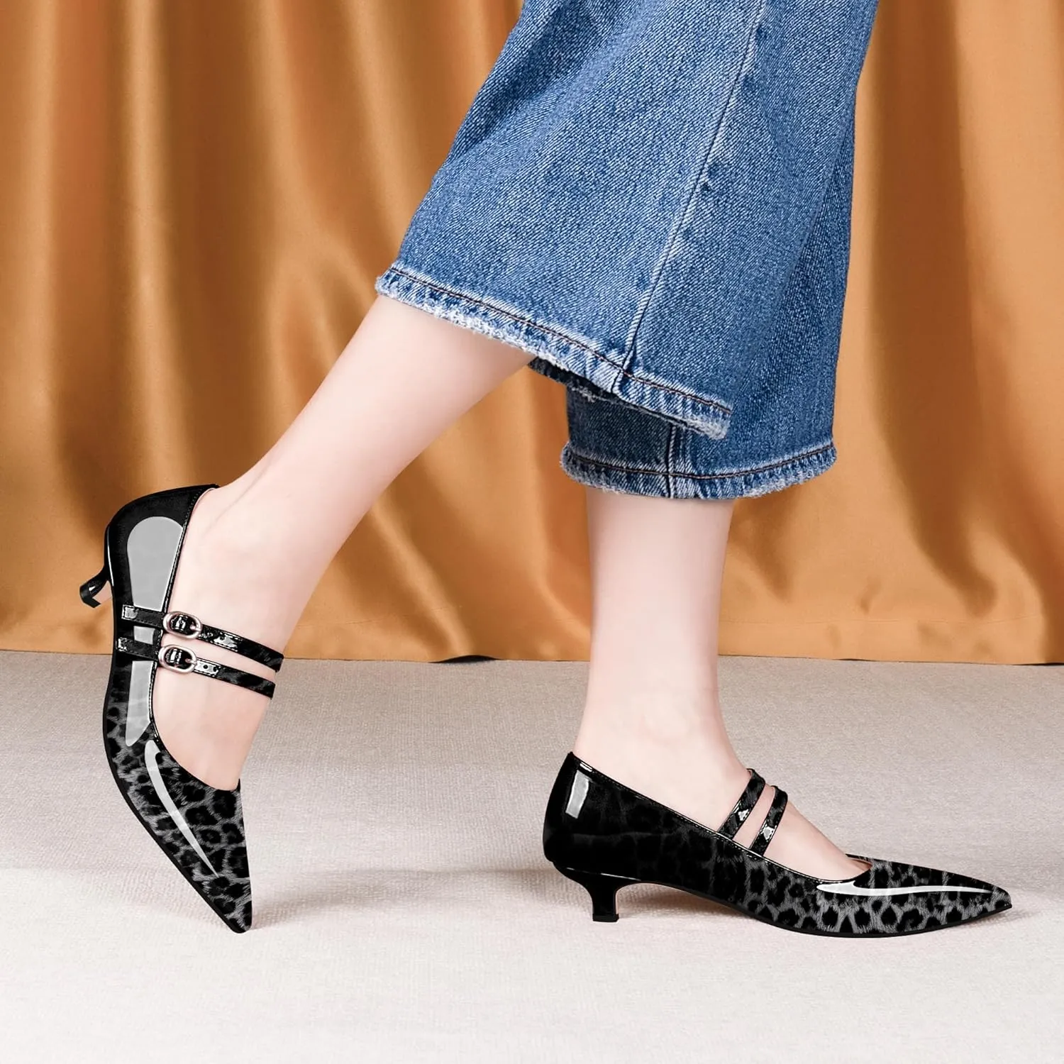 Women's Pointed Toe Kitten Heel Mary Jane Pumps Double Buckle Strap Dress Shoes