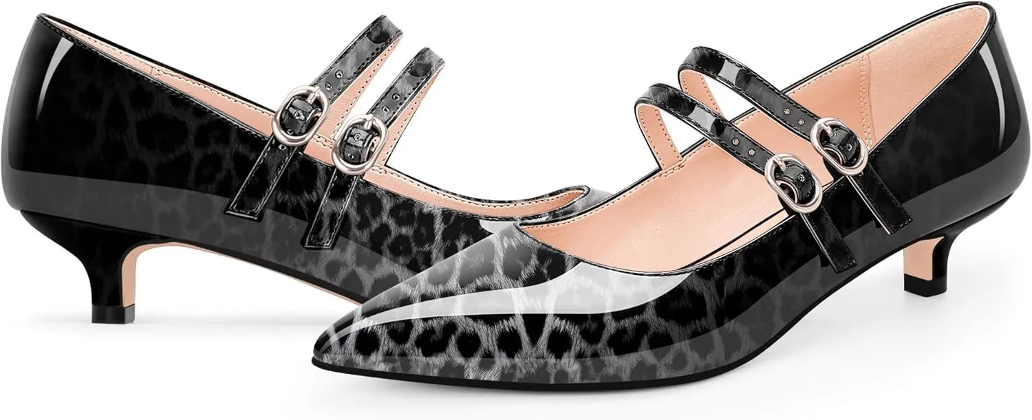 Women's Pointed Toe Kitten Heel Mary Jane Pumps Double Buckle Strap Dress Shoes