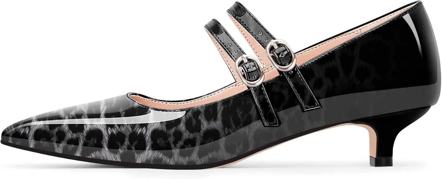 Women's Pointed Toe Kitten Heel Mary Jane Pumps Double Buckle Strap Dress Shoes