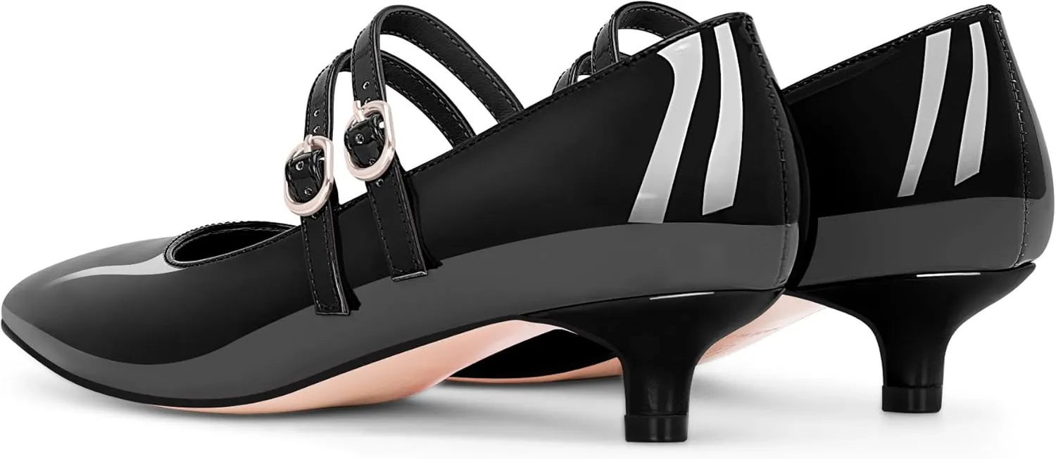 Women's Pointed Toe Kitten Heel Mary Jane Pumps Double Buckle Strap Dress Shoes