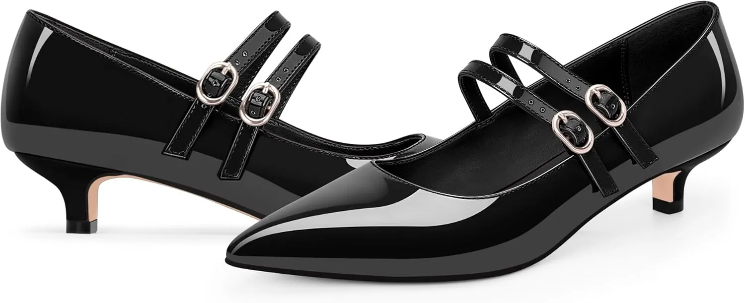Women's Pointed Toe Kitten Heel Mary Jane Pumps Double Buckle Strap Dress Shoes