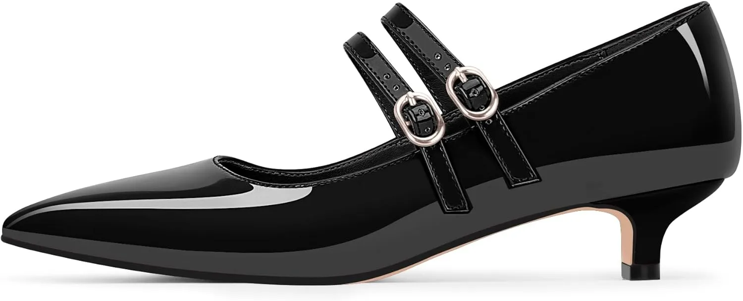 Women's Pointed Toe Kitten Heel Mary Jane Pumps Double Buckle Strap Dress Shoes