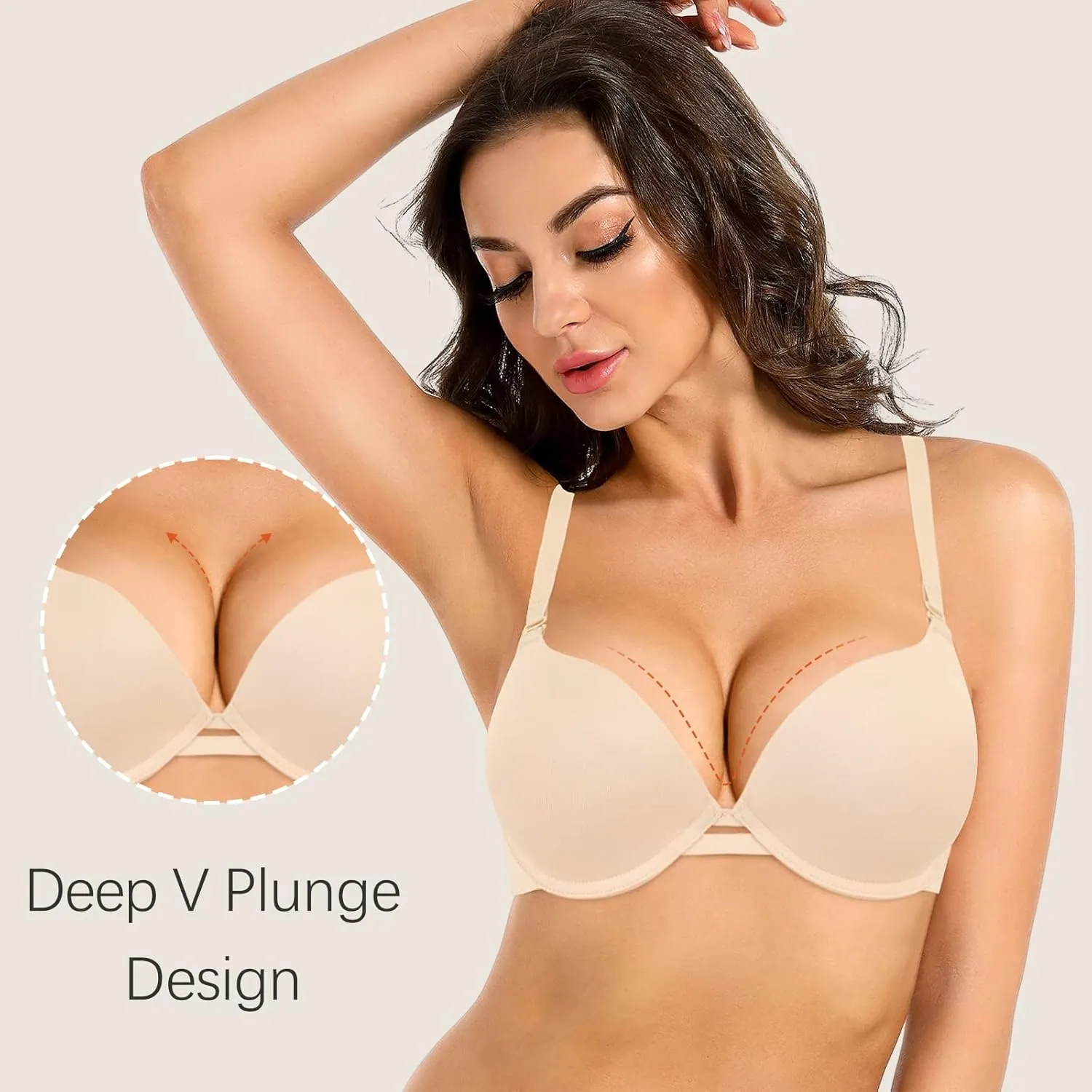 Women's Push Up Bra Add 2 Cup Sizes Super Deep V Plunge Padded Bra Comfort Support Underwire Back Smoothing Bras
