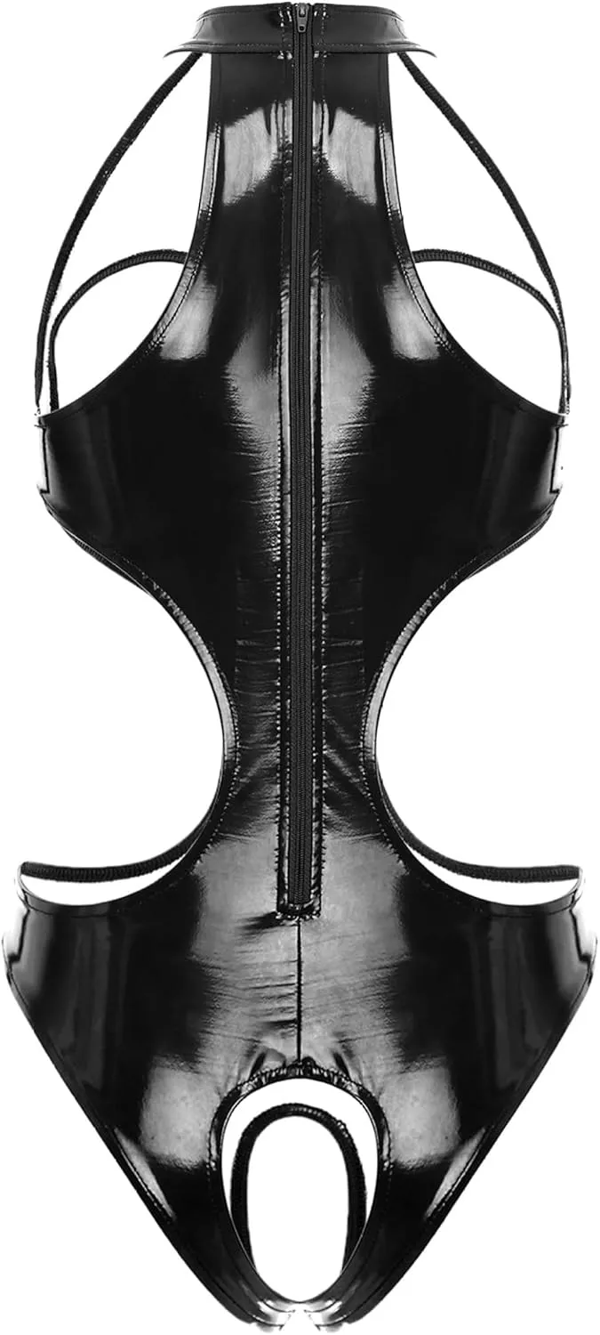 Womens PVC Leather Open Crotch Teddy One Piece Cupless Bodysuit Catsuit Leotard Swimsuit