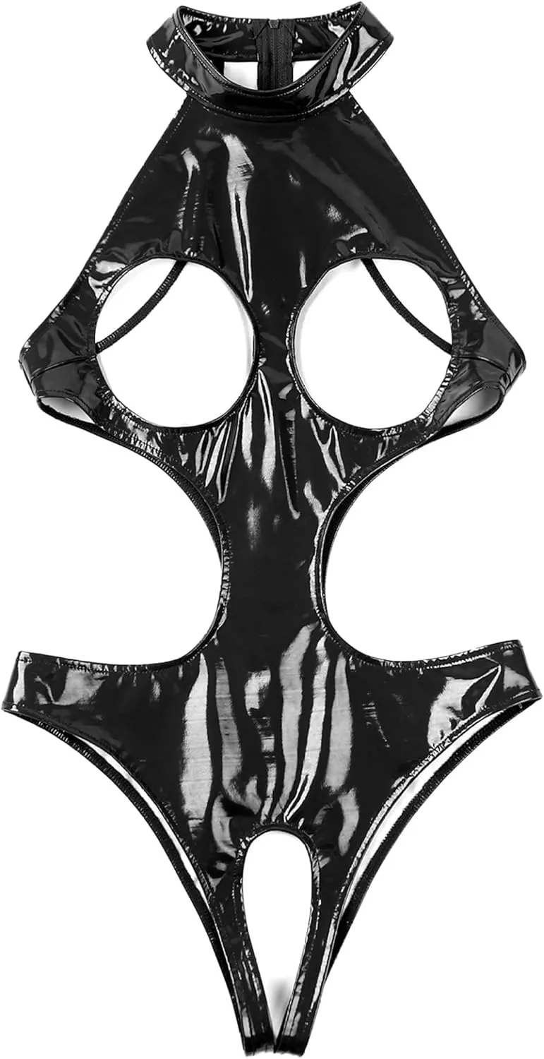 Womens PVC Leather Open Crotch Teddy One Piece Cupless Bodysuit Catsuit Leotard Swimsuit