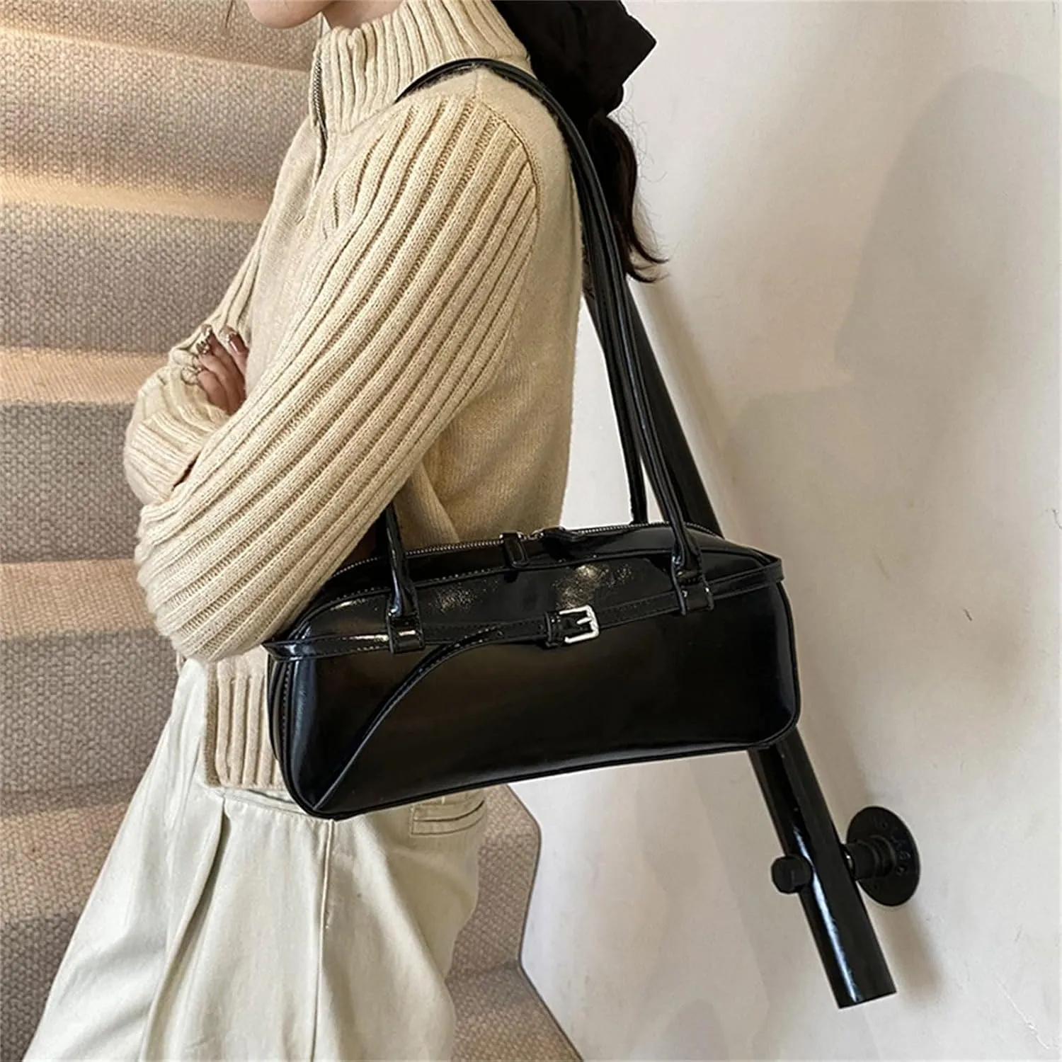 Women's Retro Armpit Top Handle Autumn Winter Shoulder Bag, Black, 14.5x32.5x9cm/5.71x12.80x3.54''