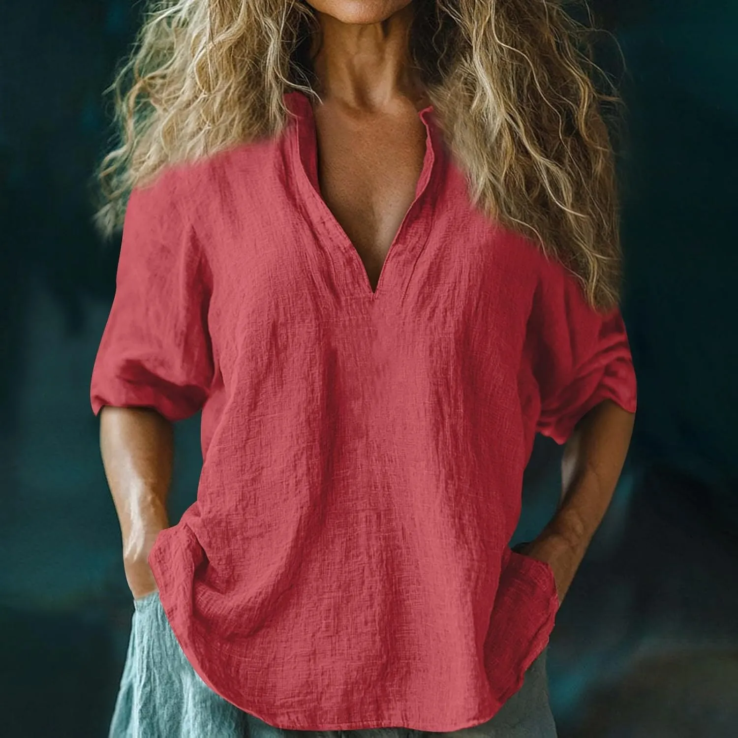Womens Roll Up Sleeve Linen Shirts Casual Relaxed Fit V Neck Office T Shirts Vacation Stylish Solid Cruise Wear 2025