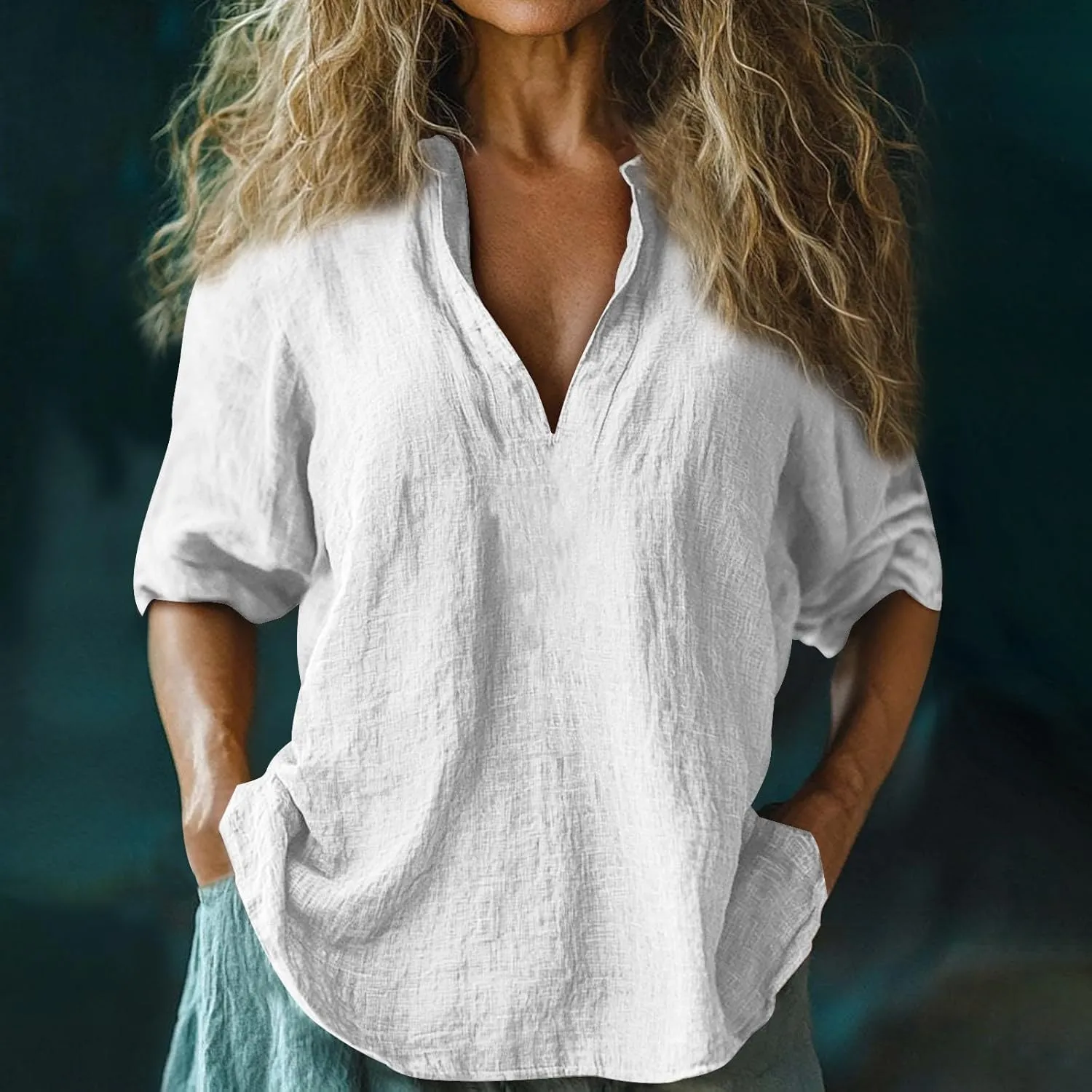 Womens Roll Up Sleeve Linen Shirts Casual Relaxed Fit V Neck Office T Shirts Vacation Stylish Solid Cruise Wear 2025