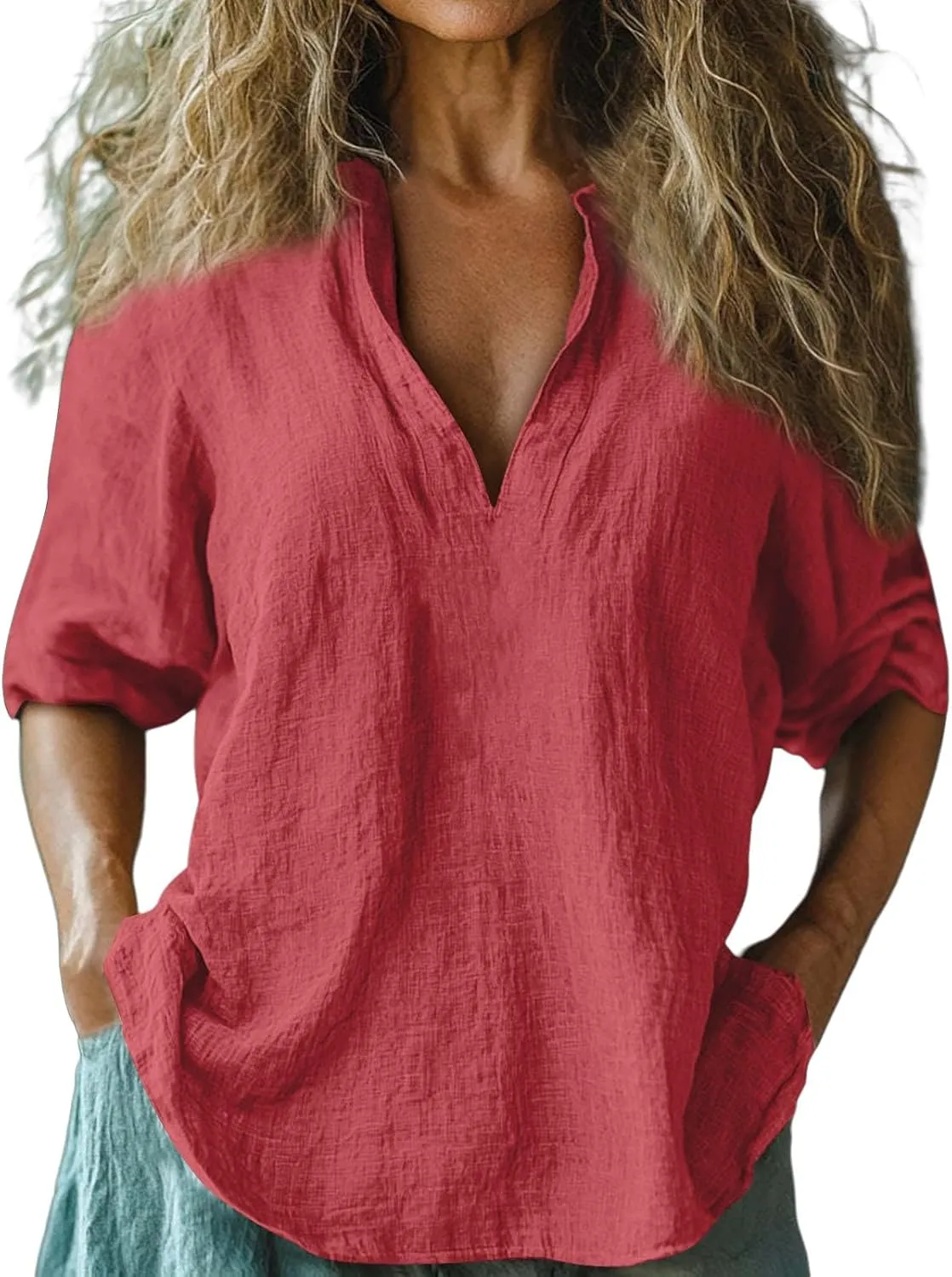 Womens Roll Up Sleeve Linen Shirts Casual Relaxed Fit V Neck Office T Shirts Vacation Stylish Solid Cruise Wear 2025