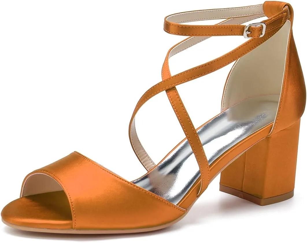 Women's Satin Block Heel Wedding Sandals Peep Toe Sandals for Women Cross Strap Evening Dressy Bridal Shoes for Women
