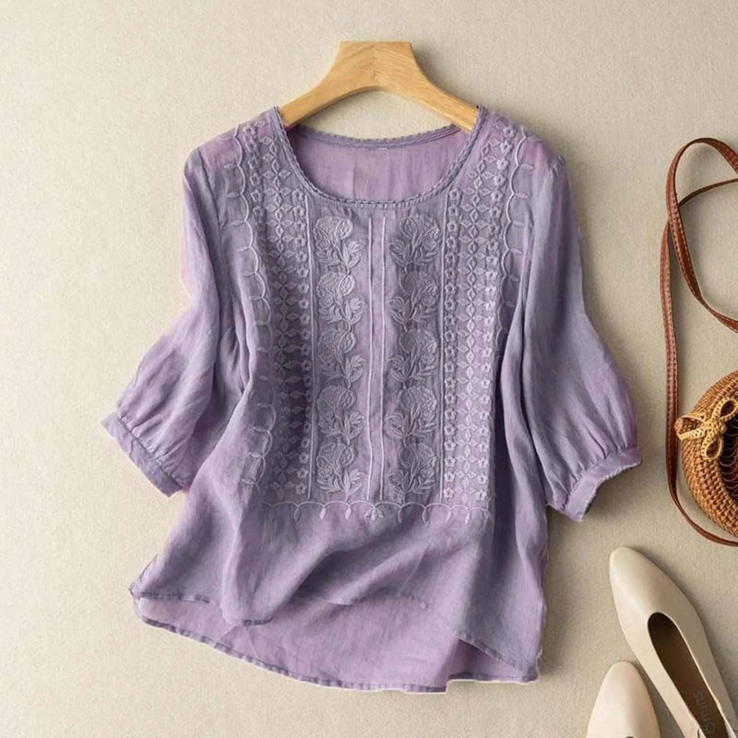 Womens Shirts 3/4 Sleeve Roll Up Short Sleeve T Shirt Trendy Cute Floral Print Blouse 2025 Summer Shirt Women