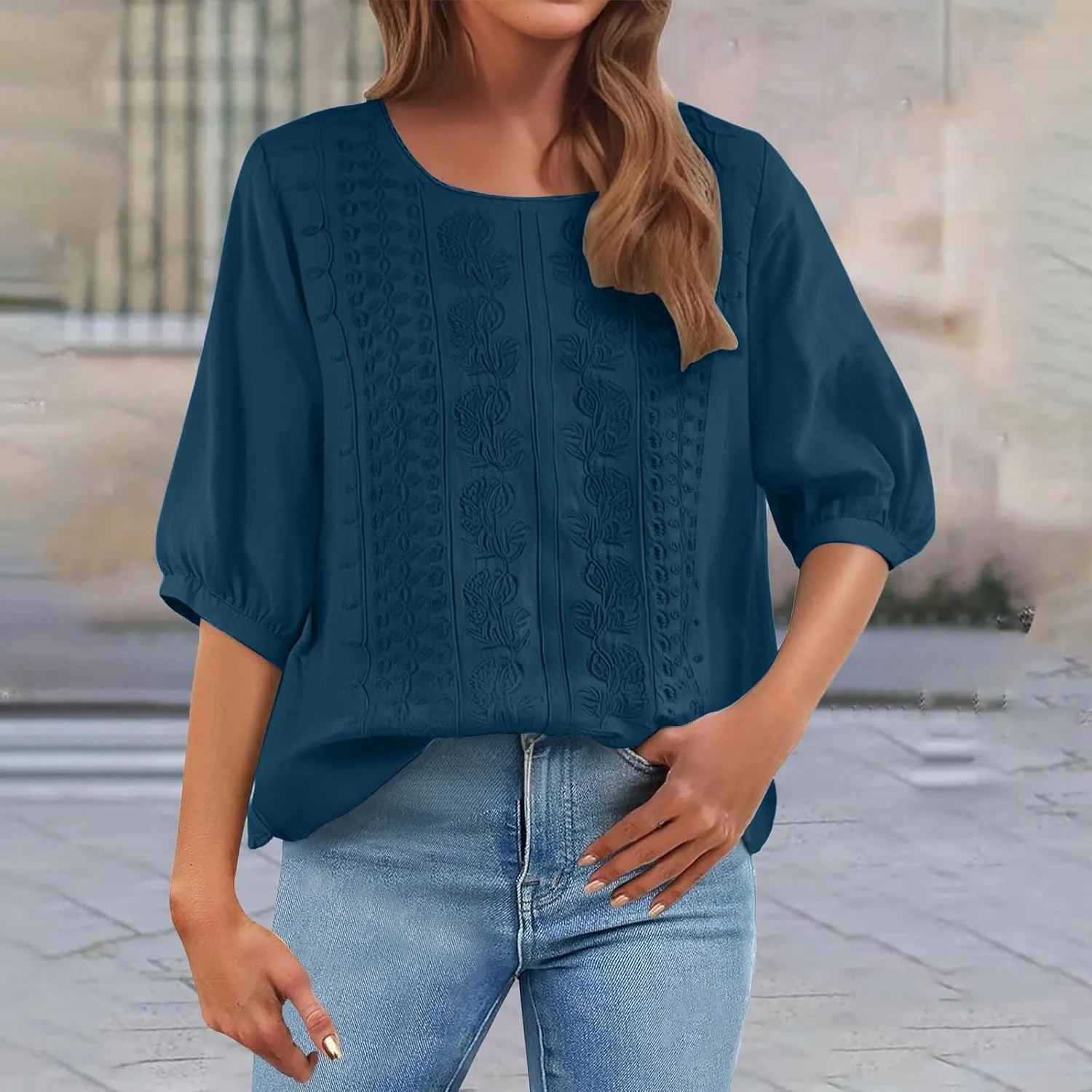 Womens Shirts 3/4 Sleeve Roll Up Short Sleeve T Shirt Trendy Cute Floral Print Blouse 2025 Summer Shirt Women