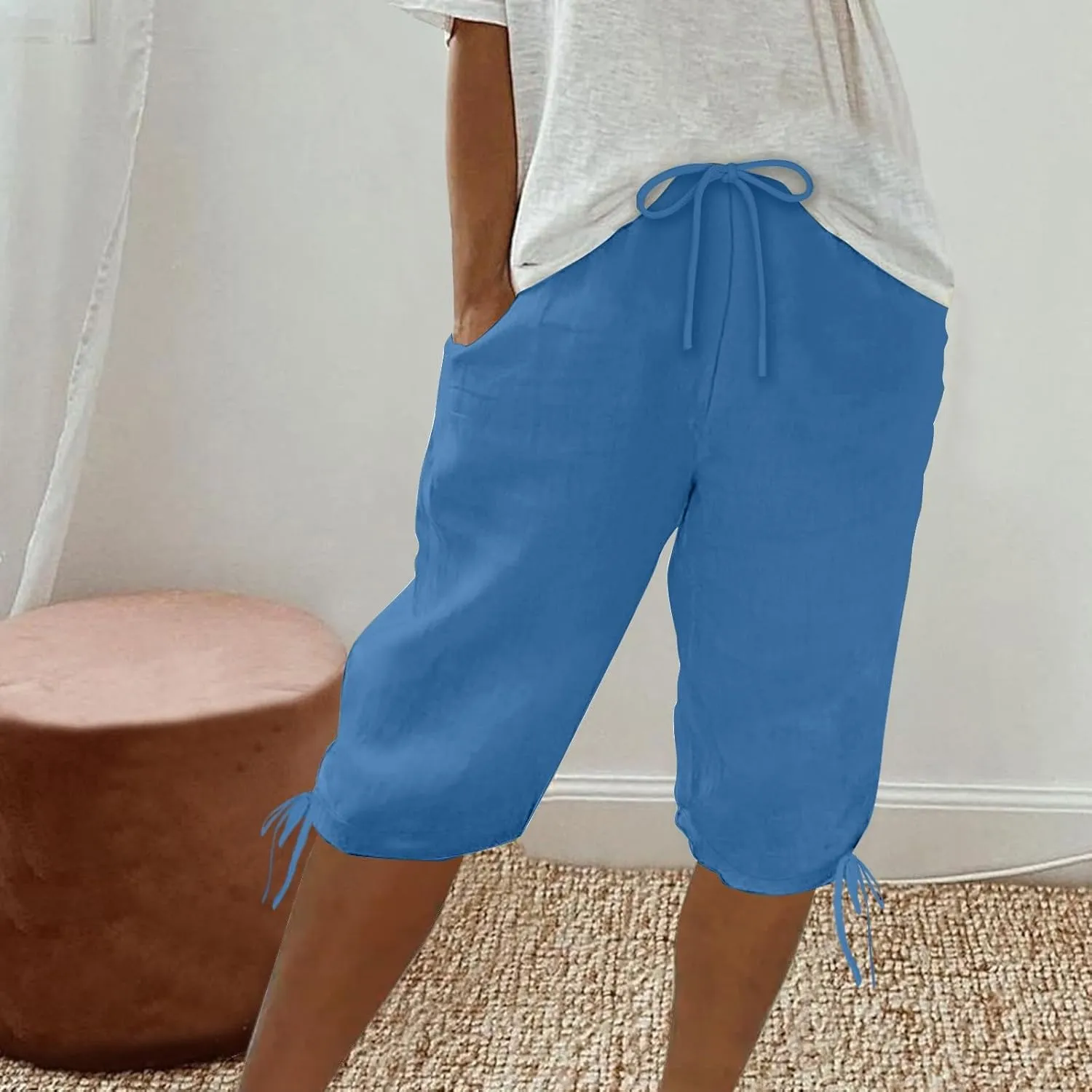 Womens Shorts 2025 Summer Fashion Linen Shorts Bermuda Knee Length Casual Loose Pants Workout Pants