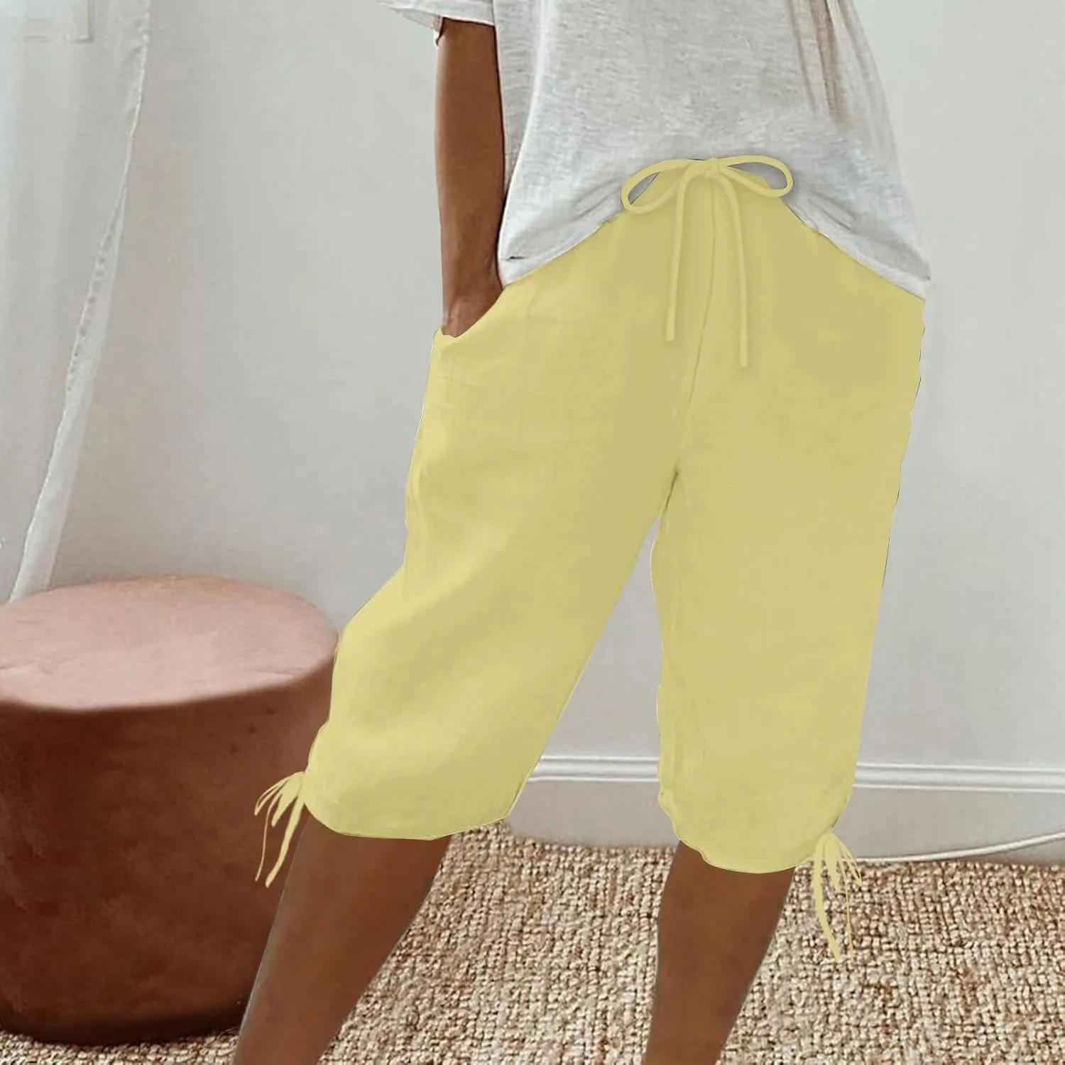 Womens Shorts 2025 Summer Fashion Linen Shorts Bermuda Knee Length Casual Loose Pants Workout Pants