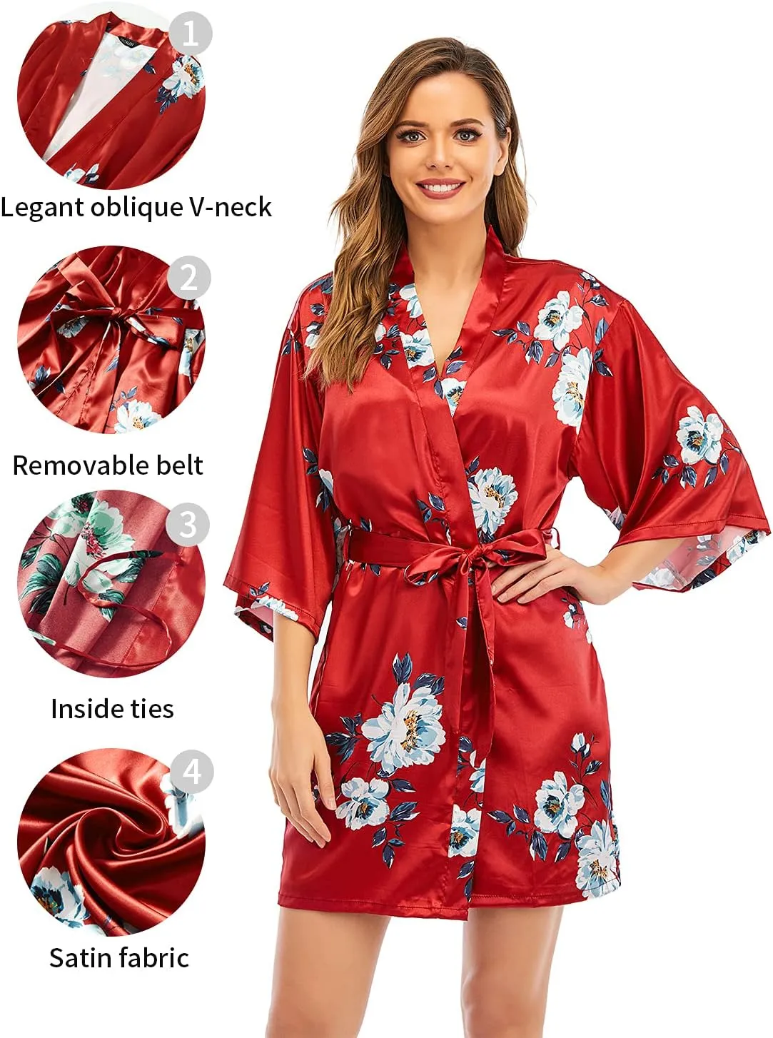 Women's Silk Satin Pajamas Sets 2Pcs Floral Silky Pj Robe Set with Chemise Nightgown