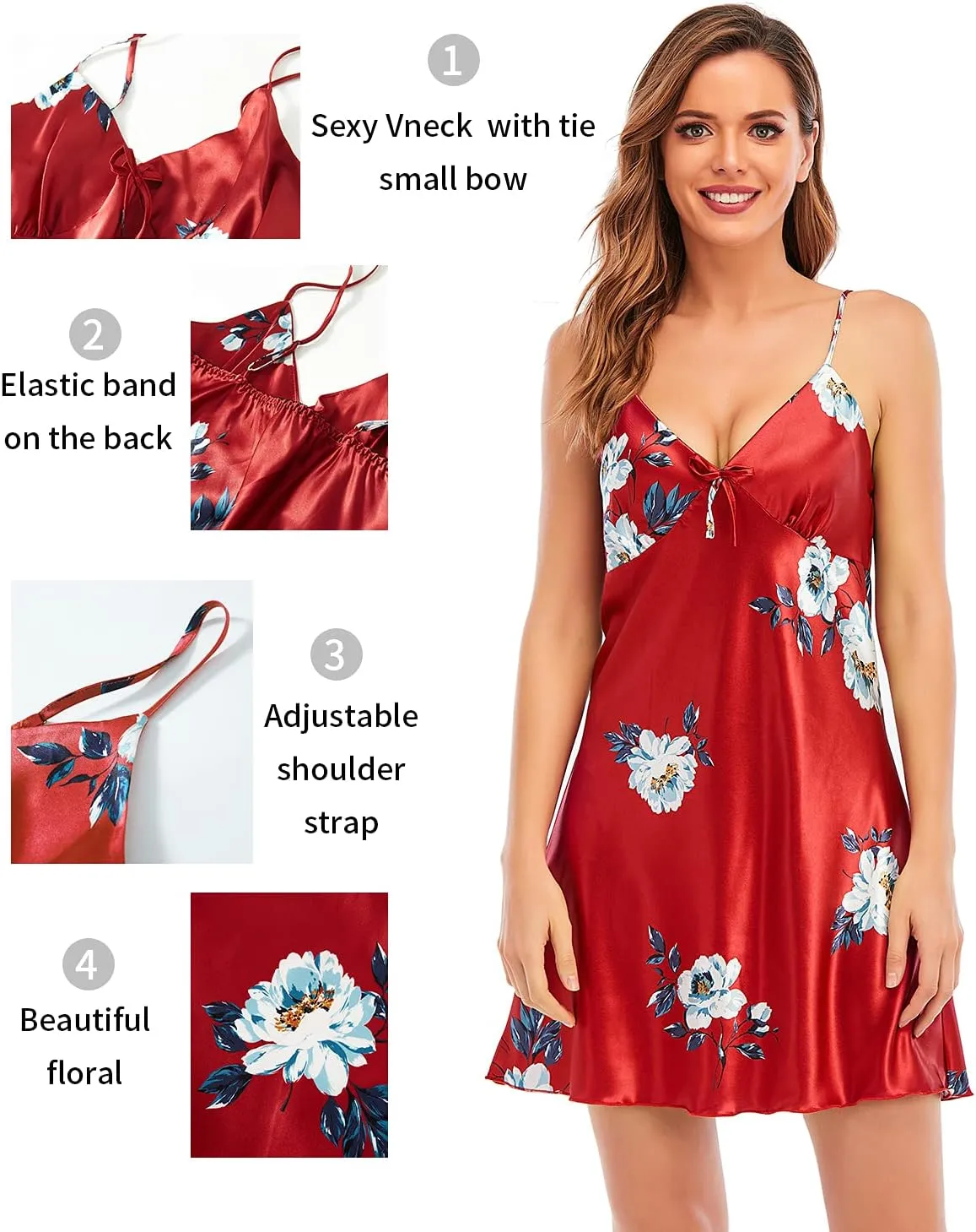 Women's Silk Satin Pajamas Sets 2Pcs Floral Silky Pj Robe Set with Chemise Nightgown