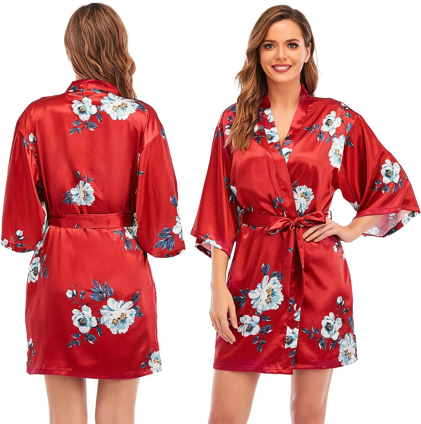 Women's Silk Satin Pajamas Sets 2Pcs Floral Silky Pj Robe Set with Chemise Nightgown