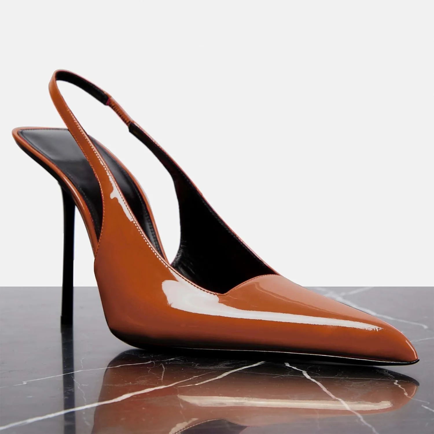 Women's Slingback Stiletto Heels Stretch Strap Slip On Pumps Shoes Pointed Toe Backless Patent Leather Dress High Heels