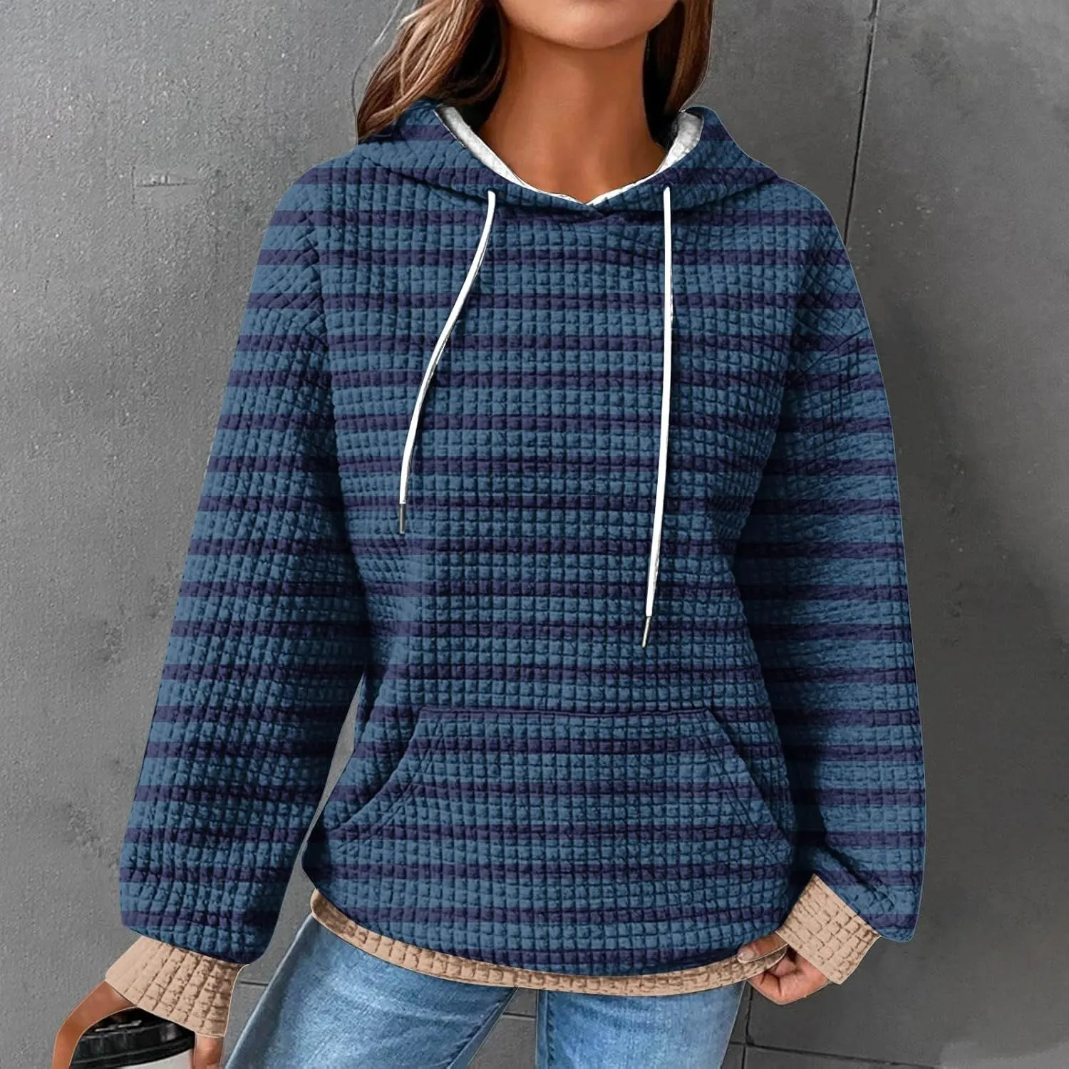 Women's Striped Waffle Oversized Hoodies Sweatshirts,Winter Casual Crew Neck Long Sleeve Pullover,Teen Girls Tops