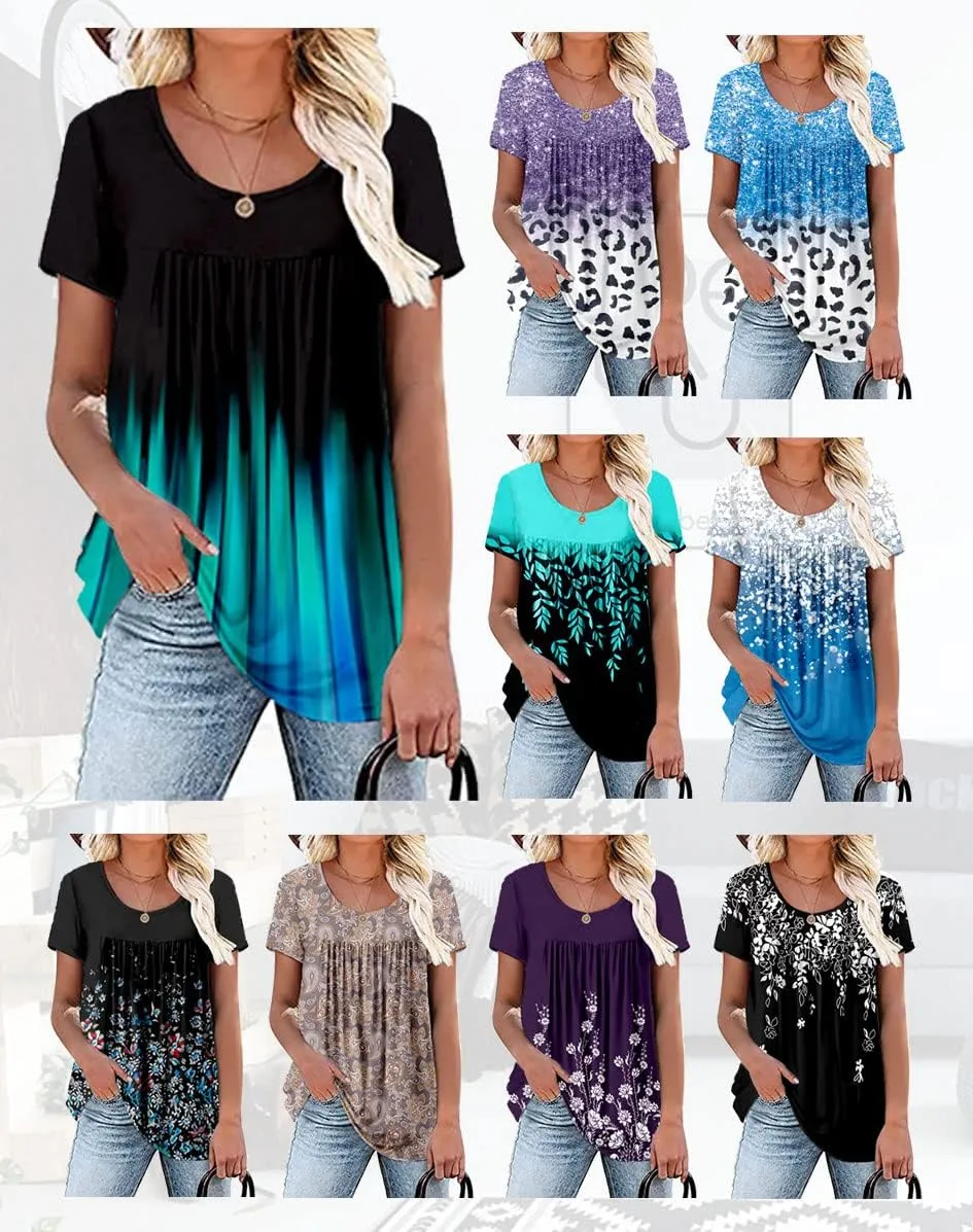 Womens Summer Plus Size Tops Blouses Short Sleeve Shirts Lace Pleated Tunic Tops M-4XL