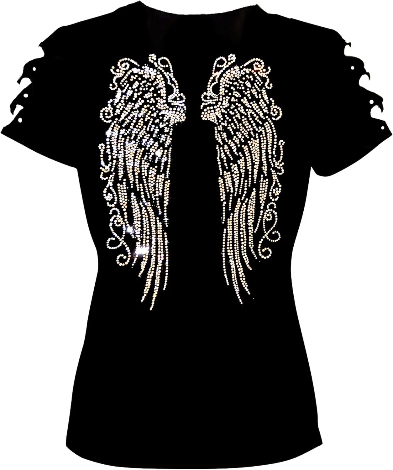 Womens Tops Shirts Long Angel Wings Bling Rhinestones Ripped Cut Out,Sassy Cute Sexy Graphic Summer T-Shirts,Short