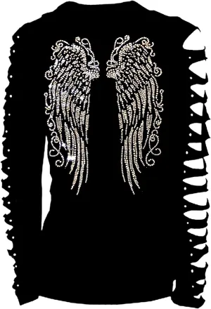 Womens Tops Shirts Long Angel Wings Bling Rhinestones T-Shirt Ripped Cut Out,Sassy Classy Cute Sexy Graphic Long