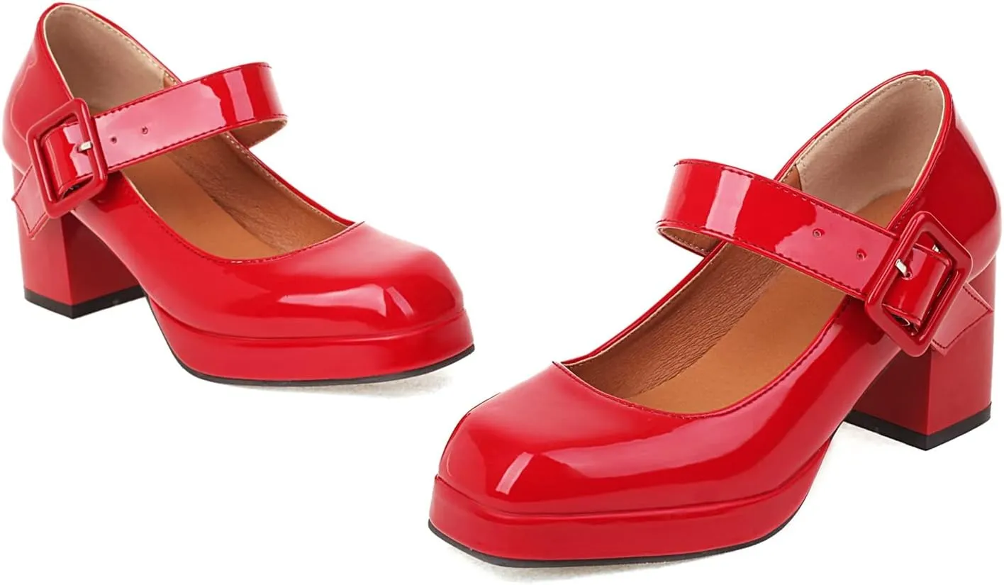 Women's Vintage Patent Leather Block Mary Jane Heels, Retro Chunky Platform Work Mary Janes Pumps, Ankle Strap Mary Jane Shoes