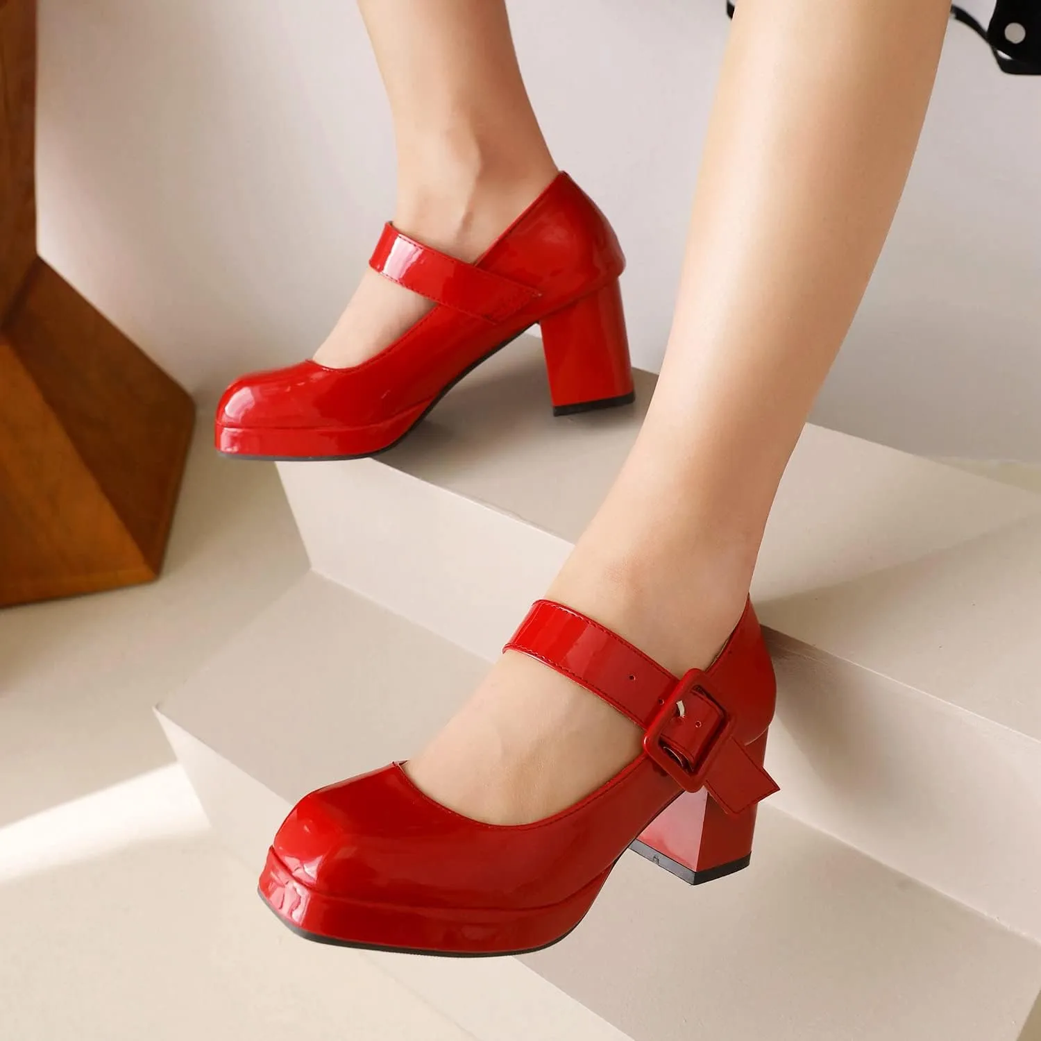 Women's Vintage Patent Leather Block Mary Jane Heels, Retro Chunky Platform Work Mary Janes Pumps, Ankle Strap Mary Jane Shoes