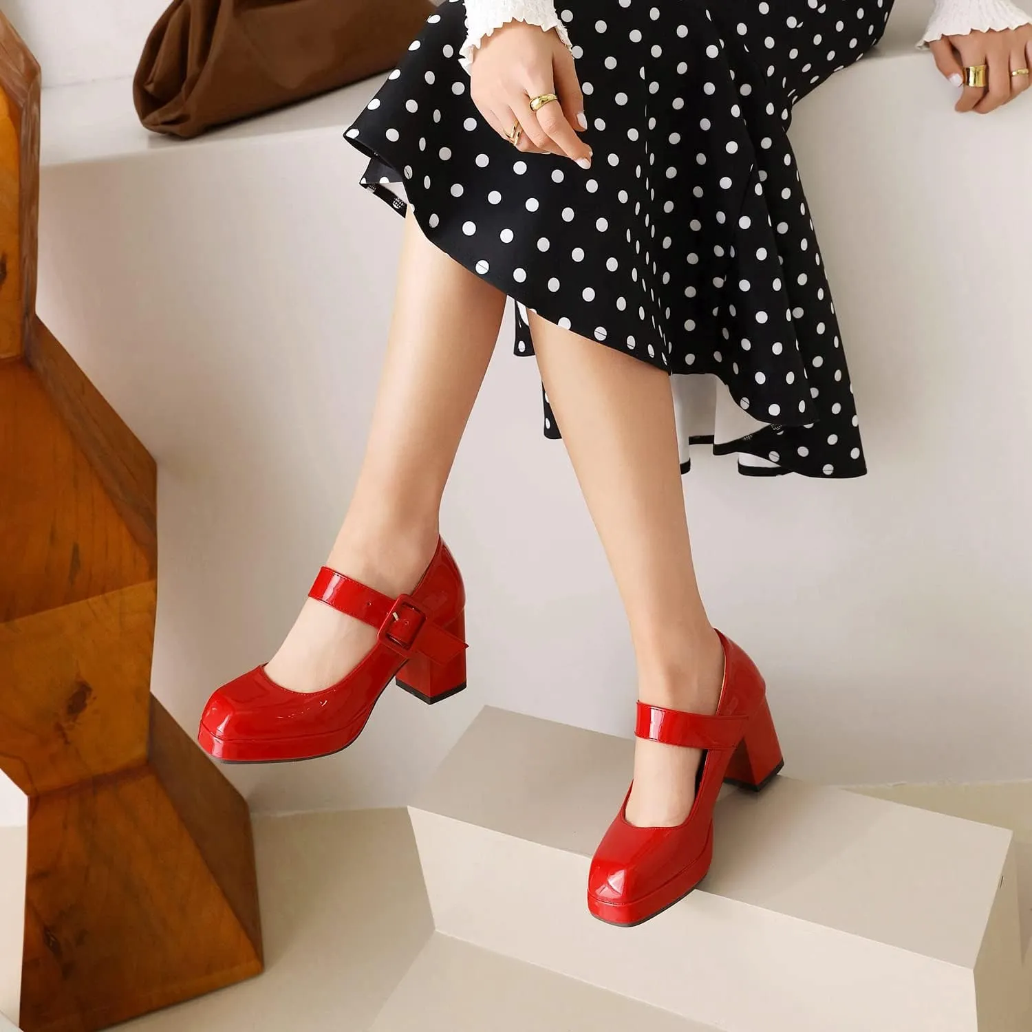 Women's Vintage Patent Leather Block Mary Jane Heels, Retro Chunky Platform Work Mary Janes Pumps, Ankle Strap Mary Jane Shoes